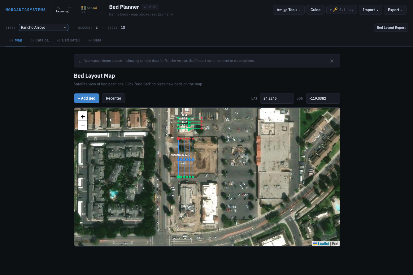 Amiga Bed Planner v0.2.25 — Bed Layout Map with site selector, block and bed counts, and satellite view