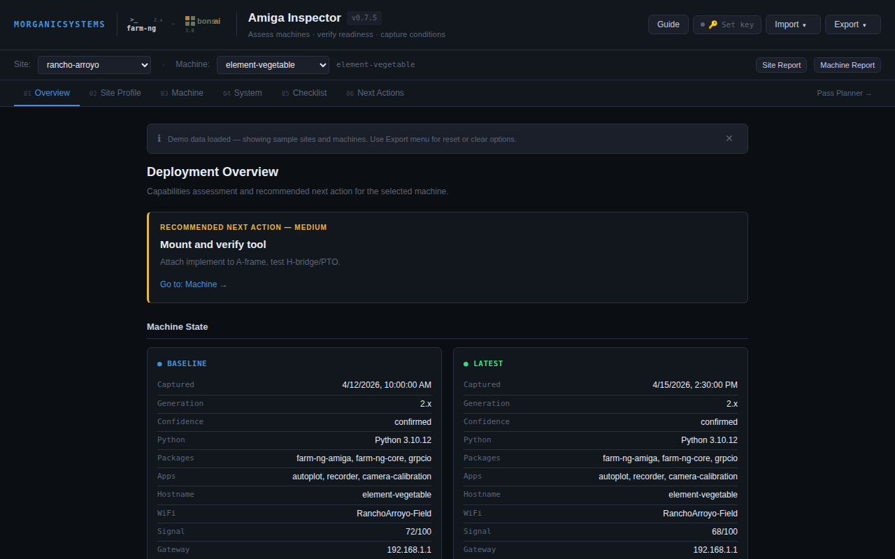 Amiga Inspector v0.8.19 — Deployment Overview showing baseline vs latest machine state, recommended next action, and capabilities matrix