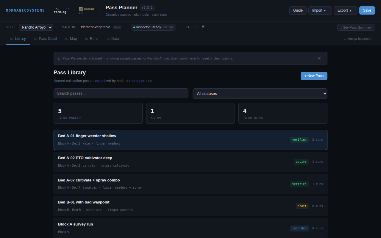 Amiga Pass Planner v0.9.30 — Pass Library showing cultivation passes with status badges, run counts, and machine context