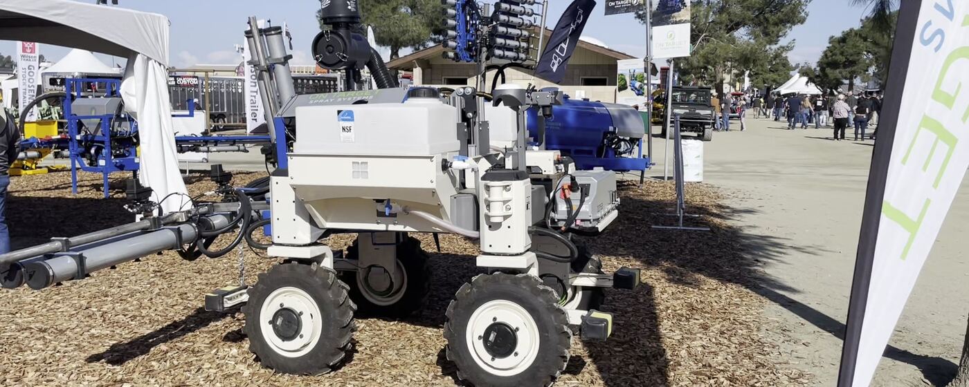 Autonomous agricultural spray robot at World Ag Expo — MorganicSystems field systems deployment